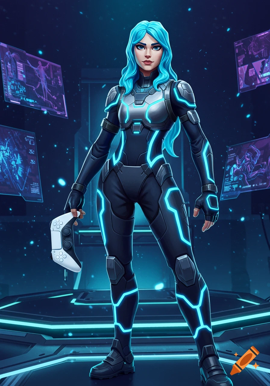 A female character with blue hair in a dark, glowing sci-fi suit holds a white game controller in a futuristic room with holographic screens.