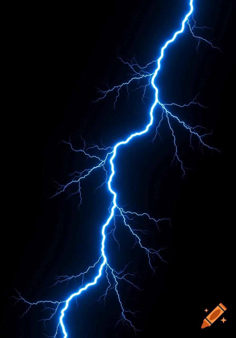 A bright blue lightning bolt strikes diagonally against a black background, with many smaller branches.