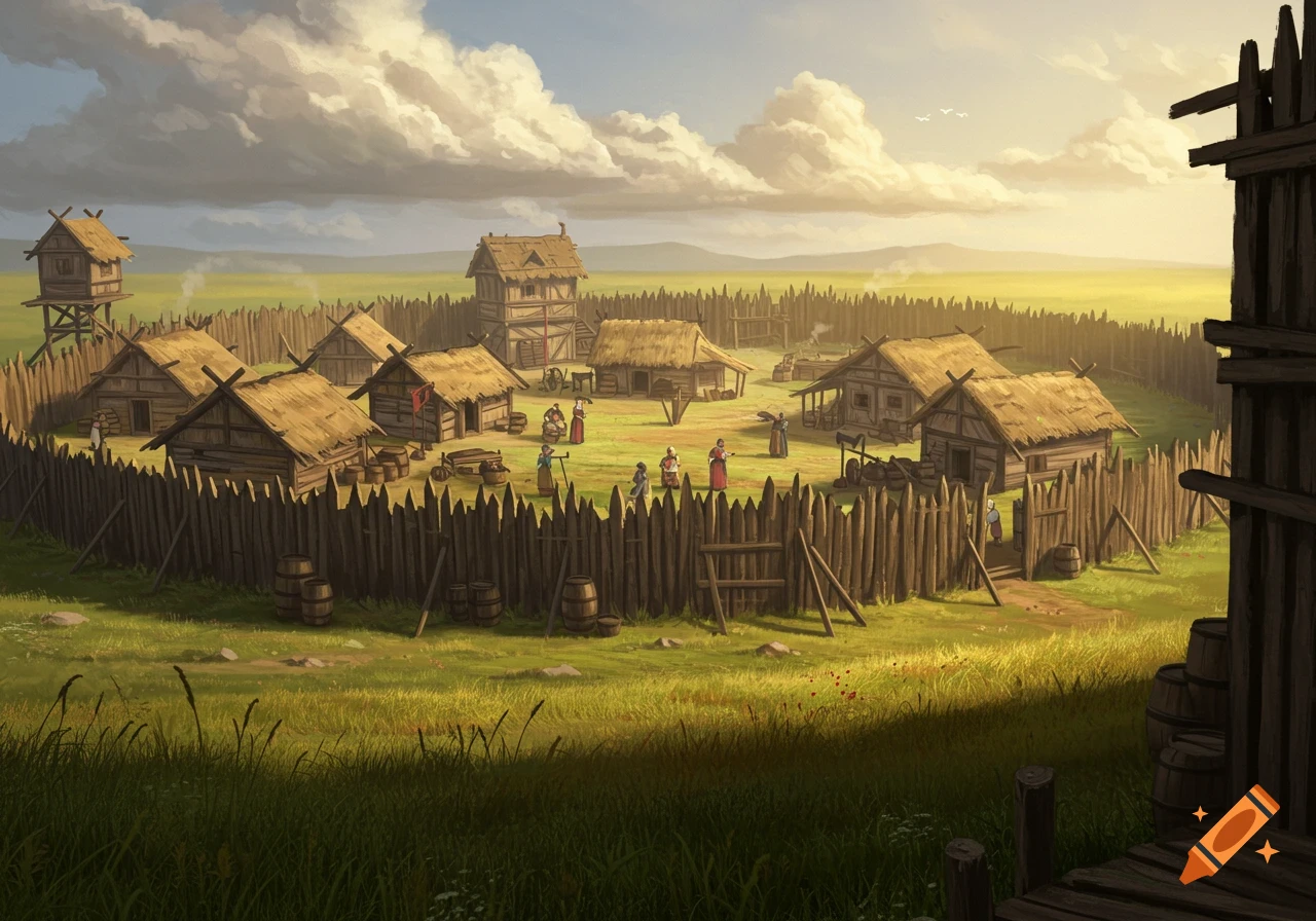 Illustrative concept art of a medieval shantytown, a wooden village surrounded by a palisade fence on a grassy plain under a cloudy sky.