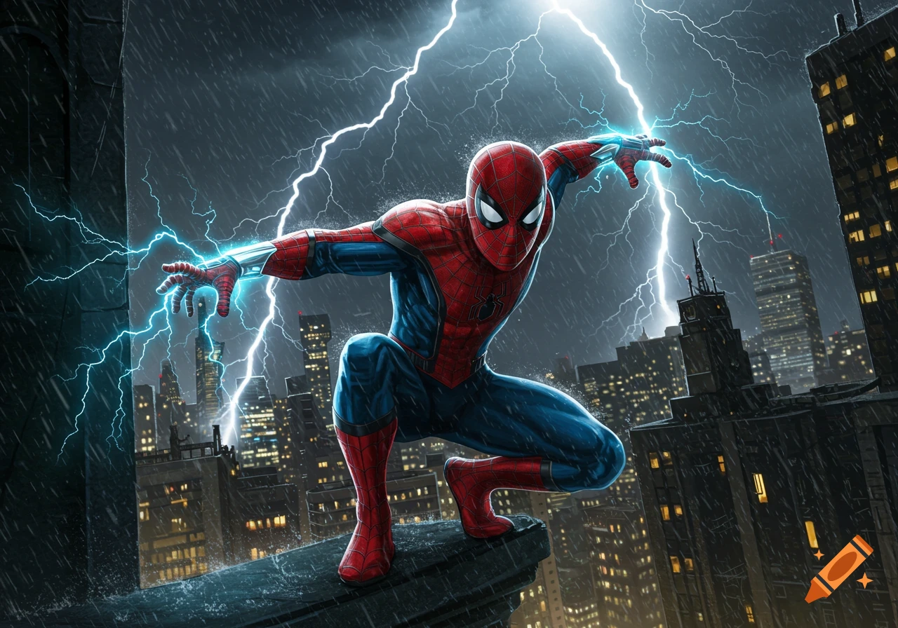 Spider-Man crouches on a rainy rooftop in a city, with bright lightning striking in the dark sky.