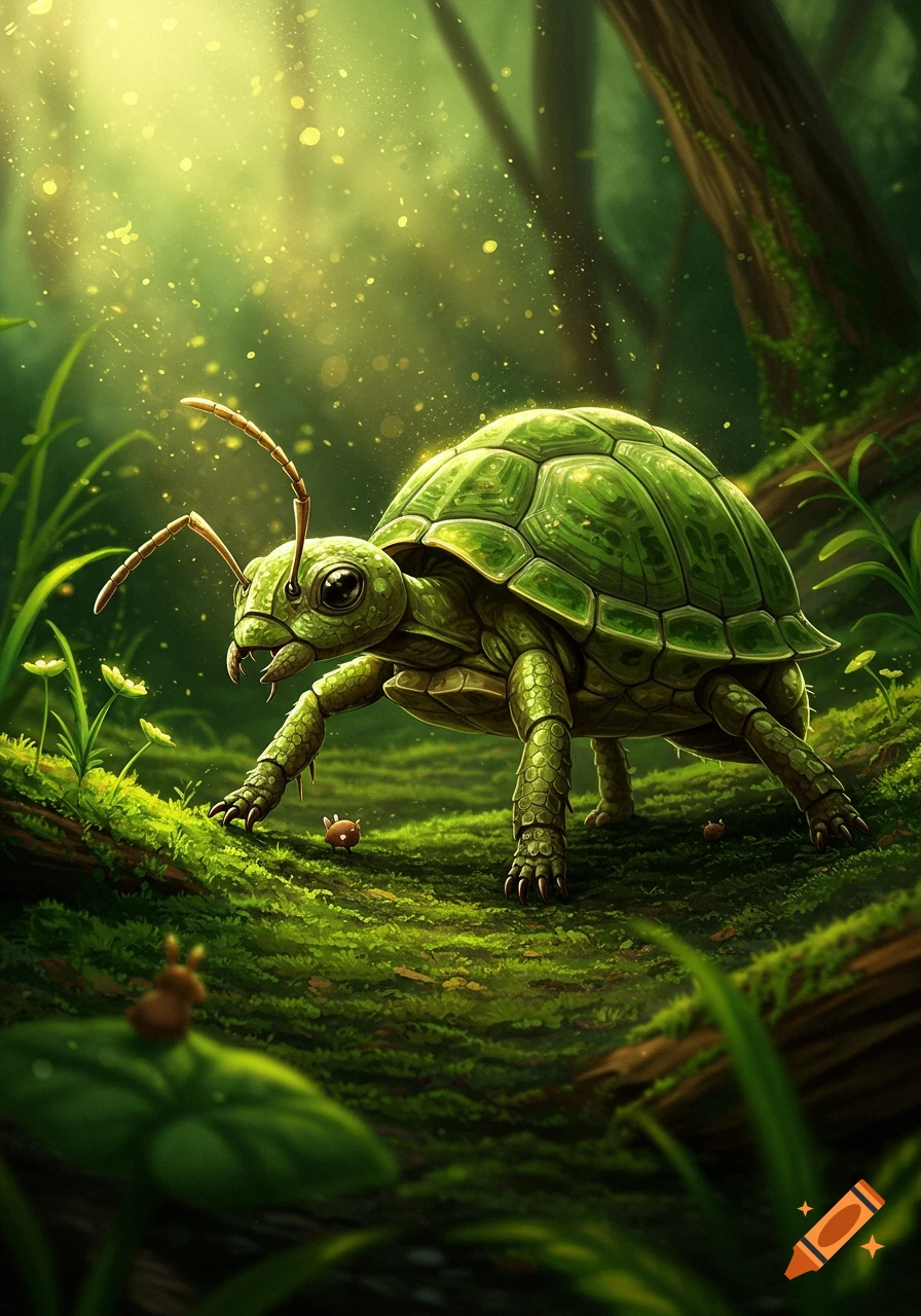 A green ant-headed turtle creature walks on a mossy forest floor with sunlight filtering through the trees.