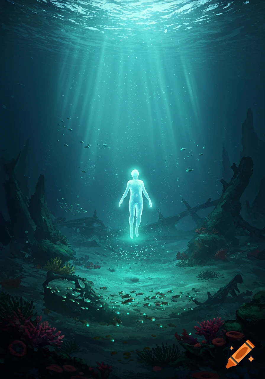 An ethereal glowing humanoid figure floats in a mystical underwater scene with light rays, coral, fish, and sunken ship remains.