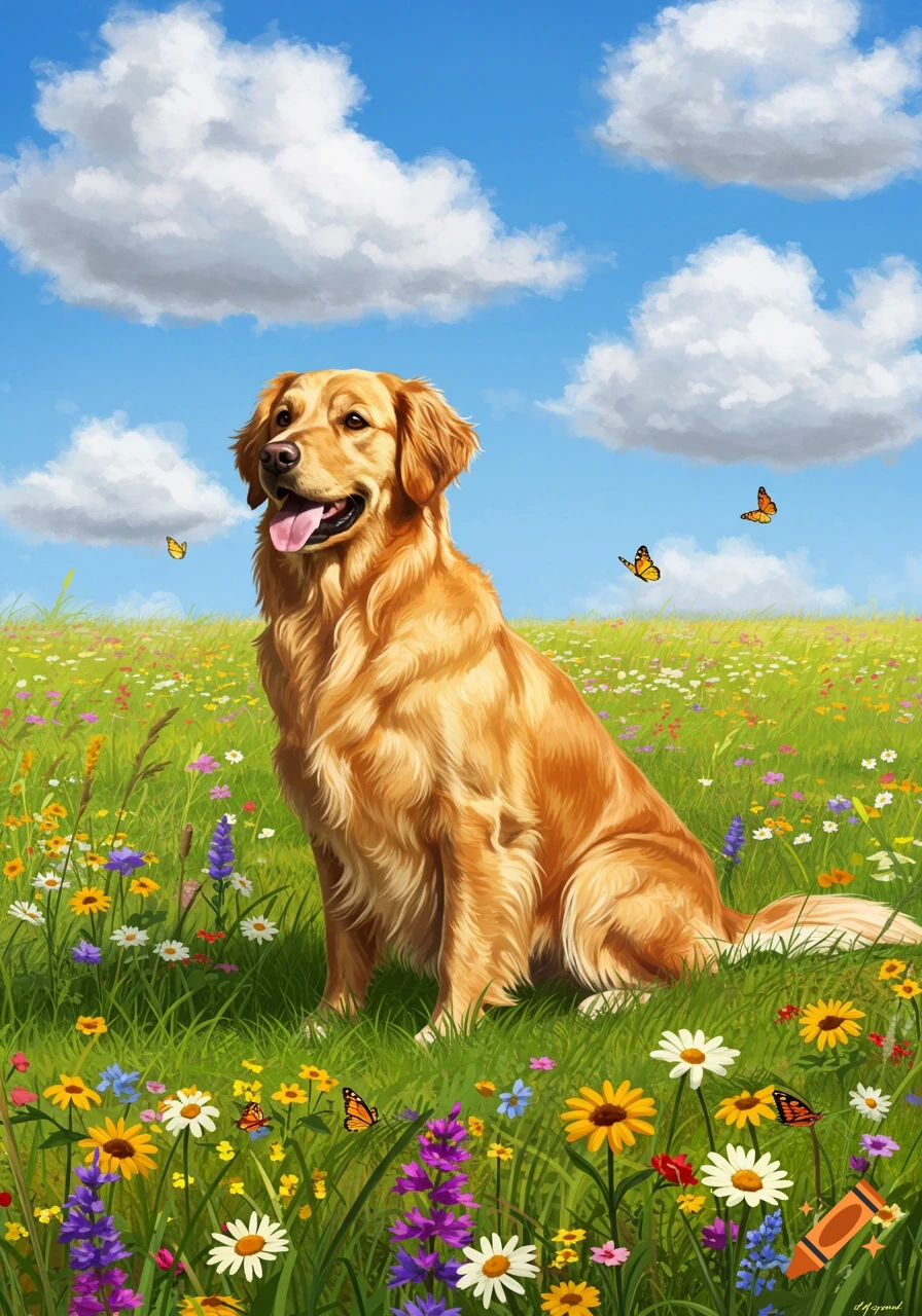 A golden retriever sits in a field of colorful wildflowers under a blue sky with white clouds, in a painterly style.