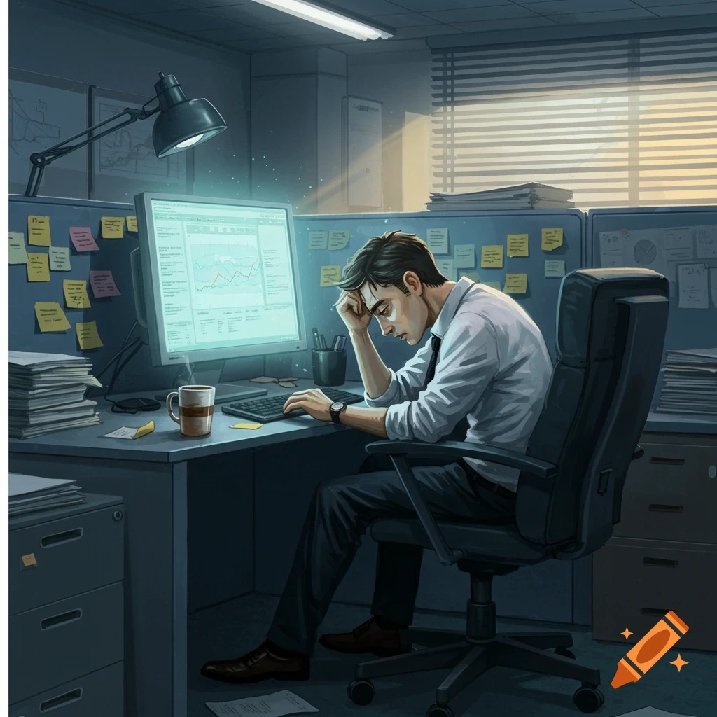 A tired office worker sits hunched over a computer desk in a dimly lit office, looking at data on the screen.