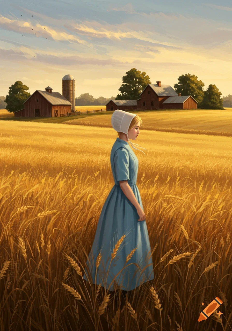 An Amish girl walks through a golden wheat field at sunset, with barns and a silo in the background. Digital painting.