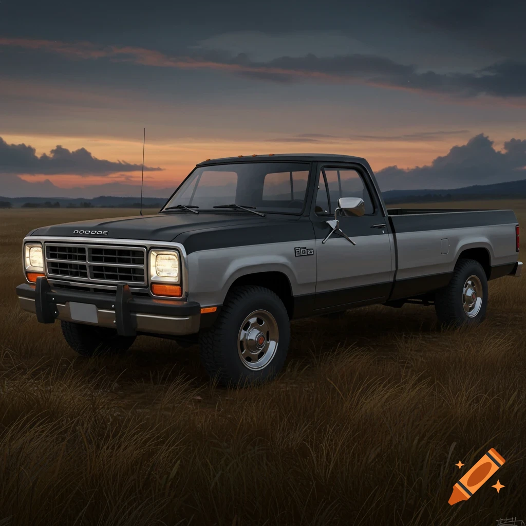 A black and grey 1988 Dodge D250 pickup truck is parked in a golden field under a dramatic sunset sky.
