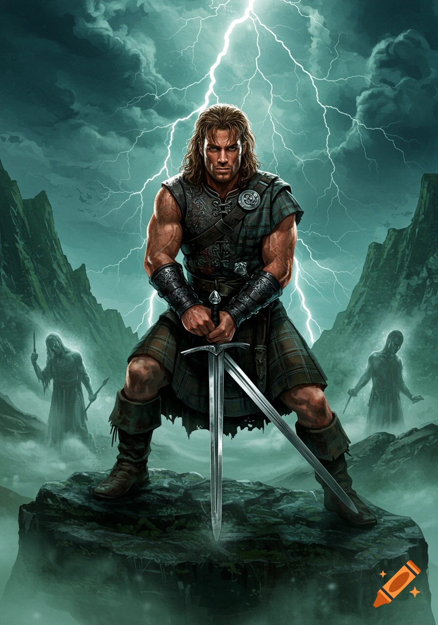 A muscular warrior in a kilt holds a sword on a rock under a lightning sky, with spectral figures in the misty background, in a fantasy art style.