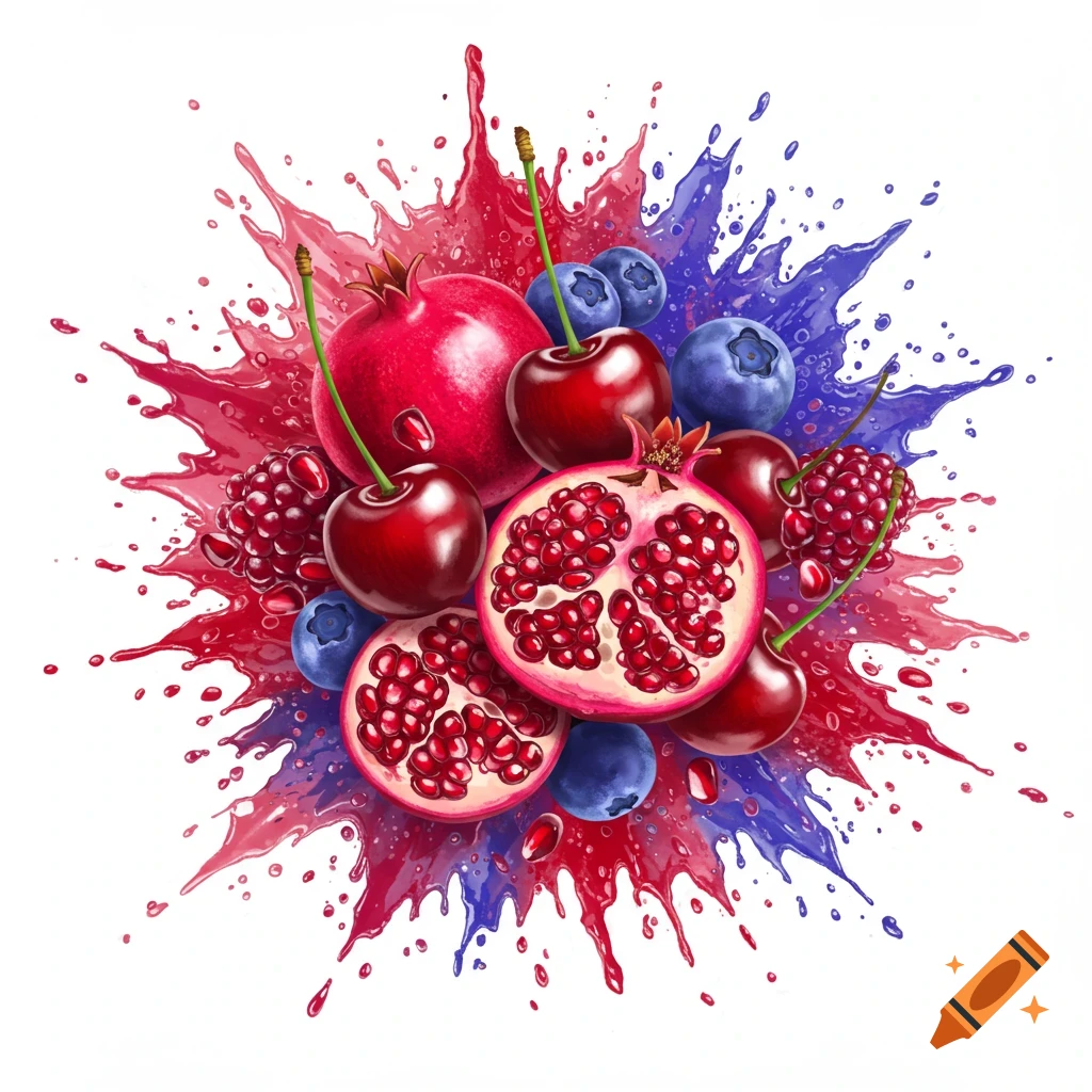 A vibrant illustration of pomegranates, cherries, and blueberries surrounded by red and blue paint splashes.