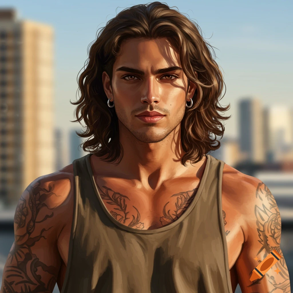 A handsome young man with long wavy brown hair, dark eyes, and tattoos, wearing a tank top against a city background. Digital art style.