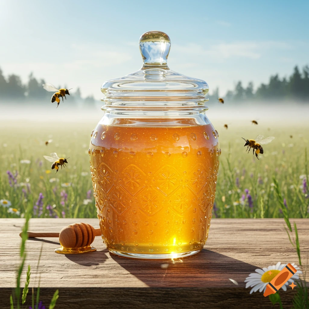 A photorealistic image of a glass jar of honey and a wooden dipper on a table in a sunny field with bees flying around.