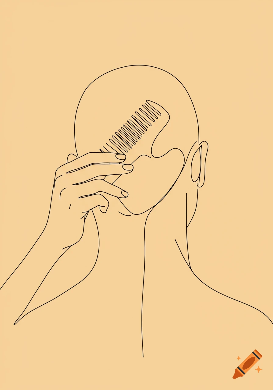 A minimalist line art drawing from behind of a bald head and neck, with a hand holding a comb to the back of the skull. The background is a solid beige color.