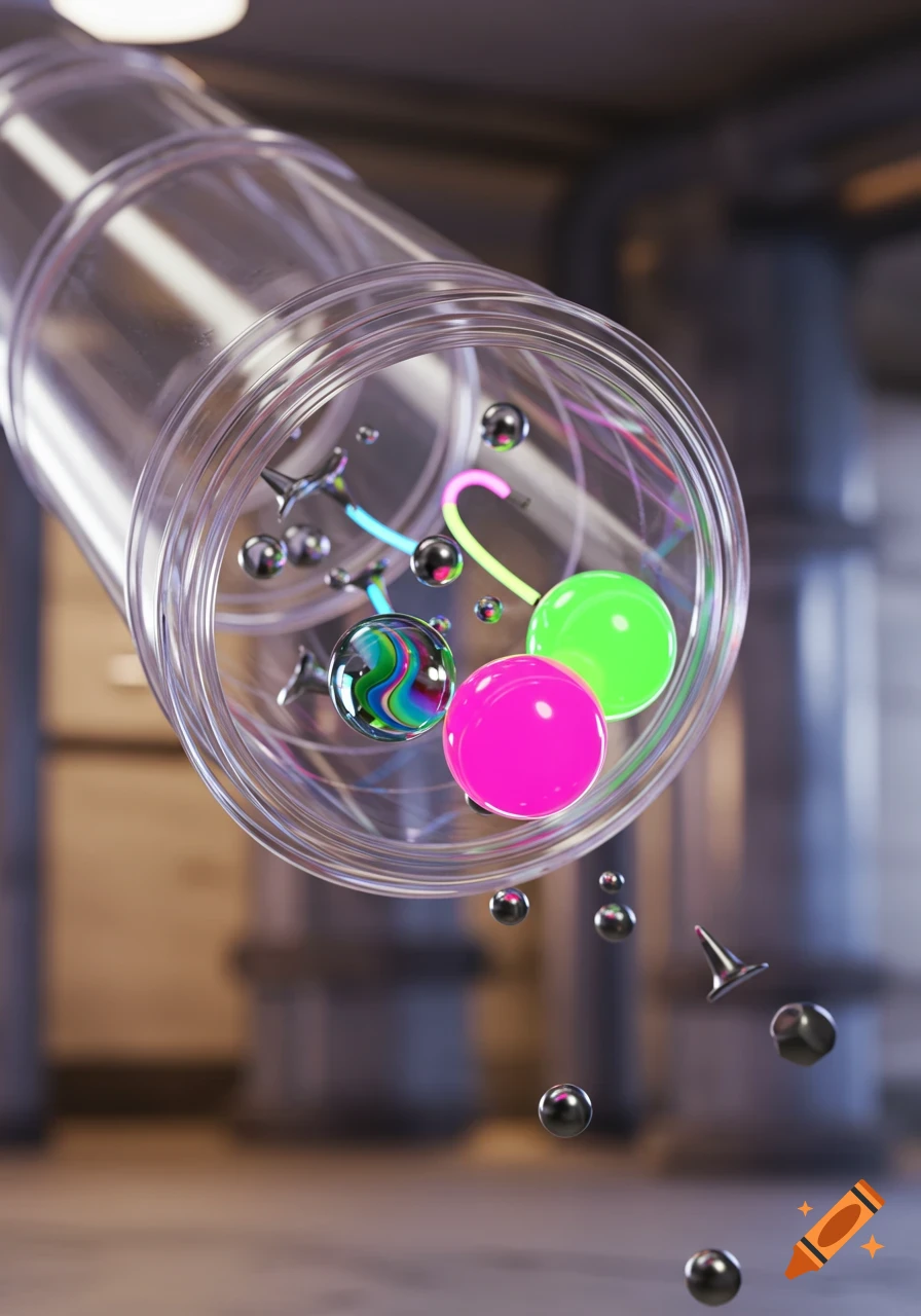 Colorful spheres and metallic BBs spill from a clear plastic pipe in a blurred industrial setting.