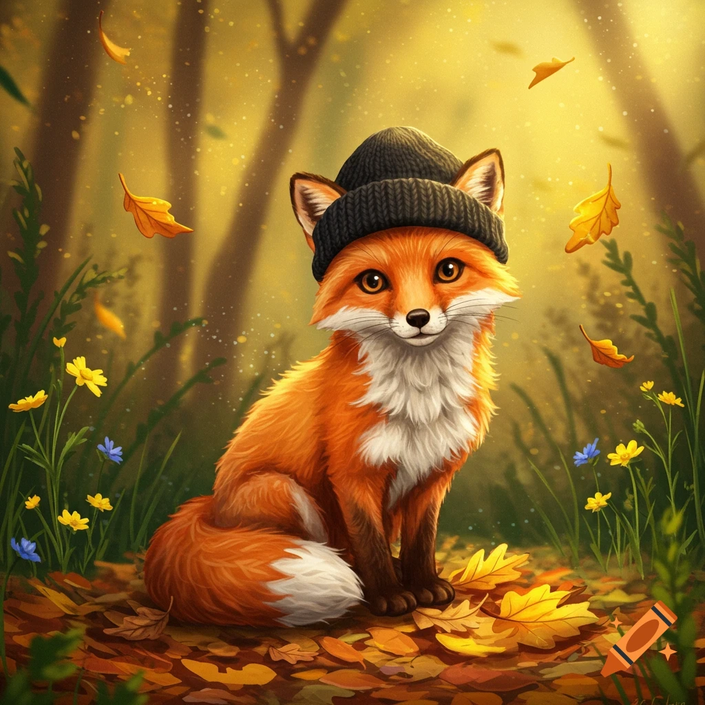 A cute orange fox wearing a black knitted beanie sits on a bed of autumn leaves in a sunlit forest.
