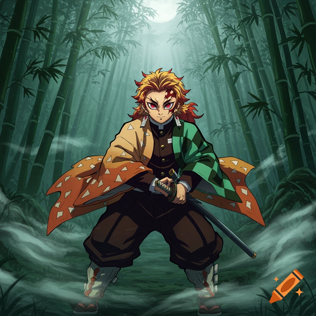 A male anime character with fiery hair and red eyes, wearing a patchwork kimono and holding a sword in a moonlit bamboo forest.