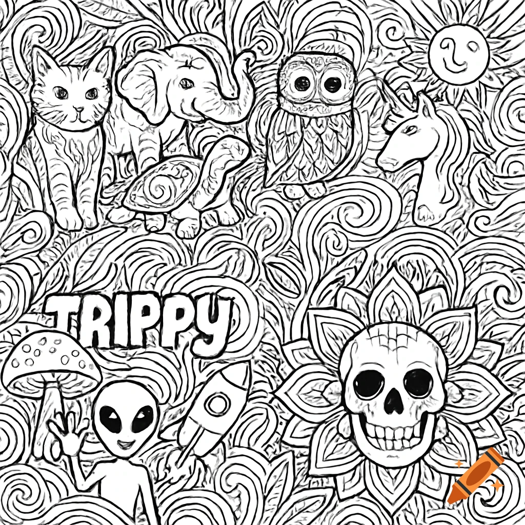Black-and-white psychedelic coloring page with animals, an alien, a skull, and the word 'TRIPPY'.