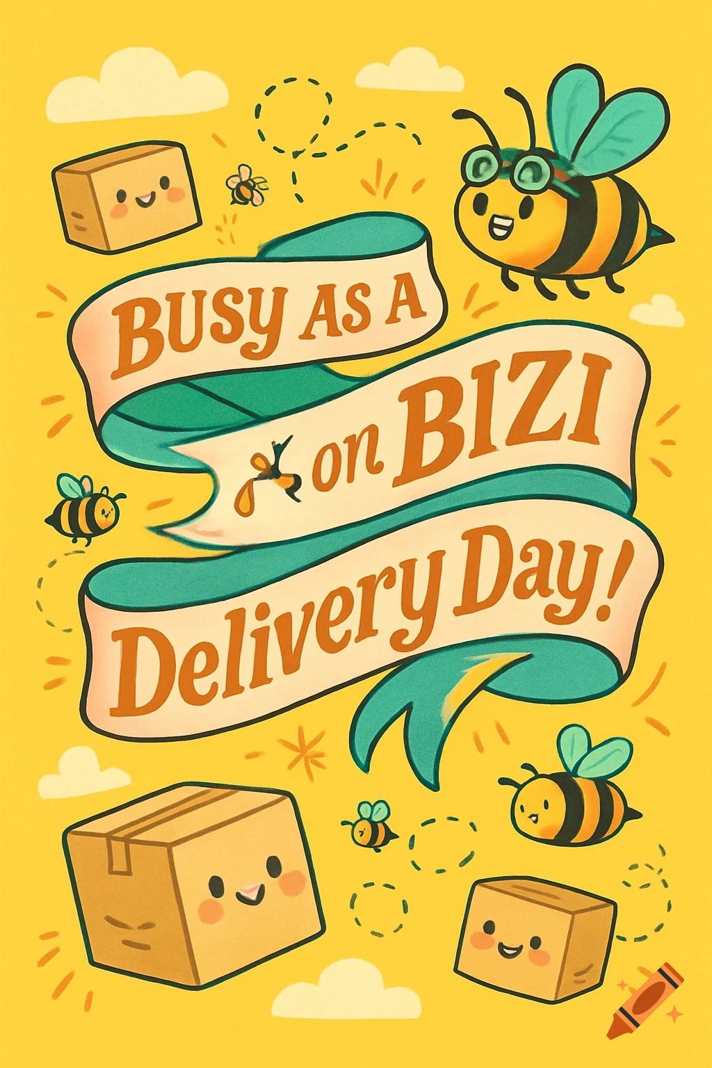 Cartoon bees and smiling delivery boxes on a yellow background, with a banner that says 'BUSY AS A on BIZI Delivery Day!'