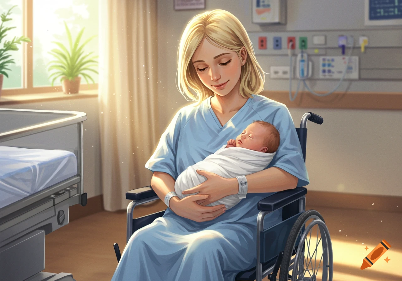 Blonde woman in hospital gown in a wheelchair holding a swaddled newborn baby in a bright hospital room, digital art.