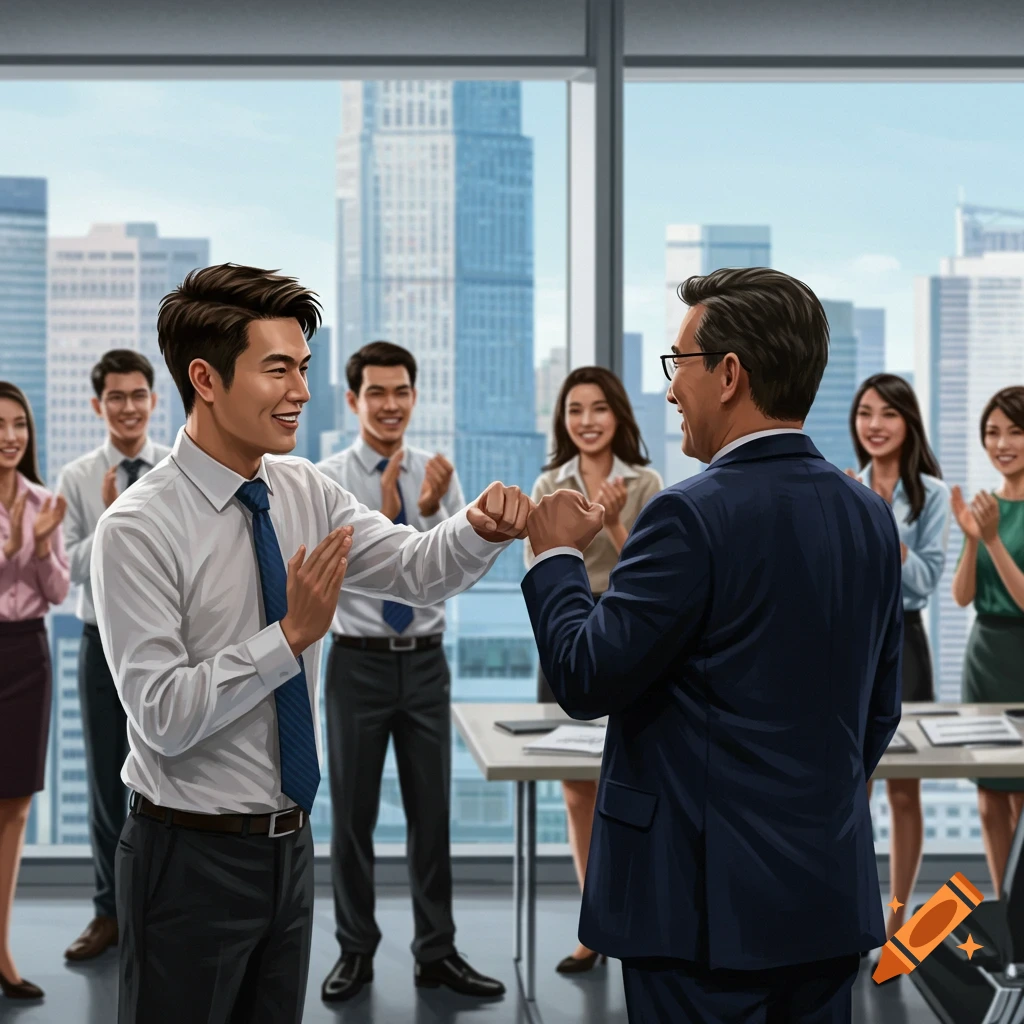 Two men in business attire fist-bumping in a modern office with city views, surrounded by applauding colleagues. Illustrated style.