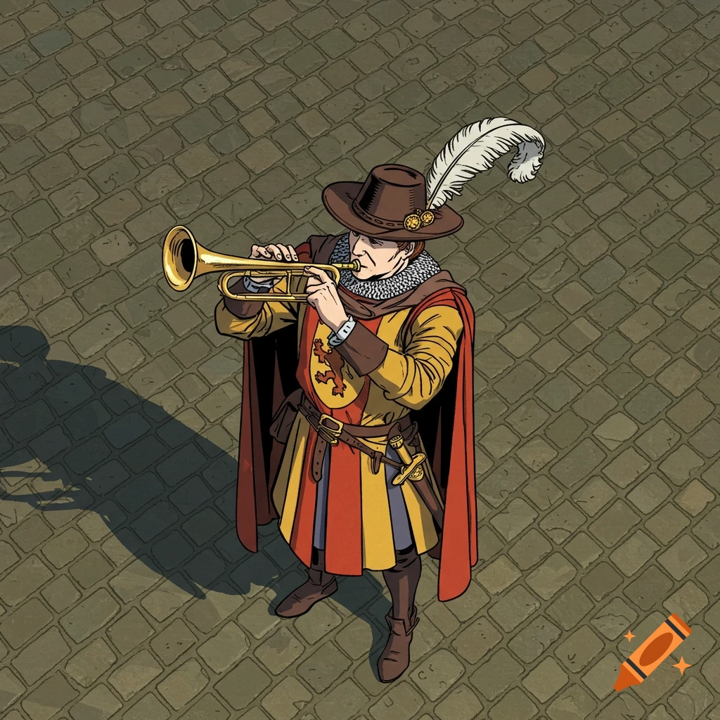 A medieval herald in a feathered hat and colorful tunic plays a brass trumpet, viewed top-down on cobblestone ground in comic book art style.