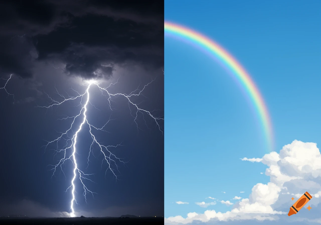 A split image showing a stormy dark sky with a lightning bolt on the left and a clear blue sky with a rainbow and clouds on the right.