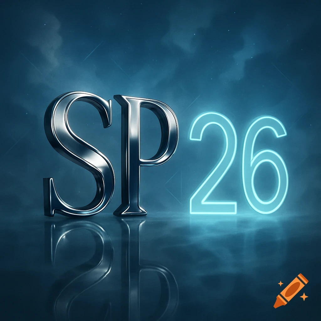 3D rendered metallic 'SP' and glowing neon '26' reflected on a dark surface with a cloudy blue background.