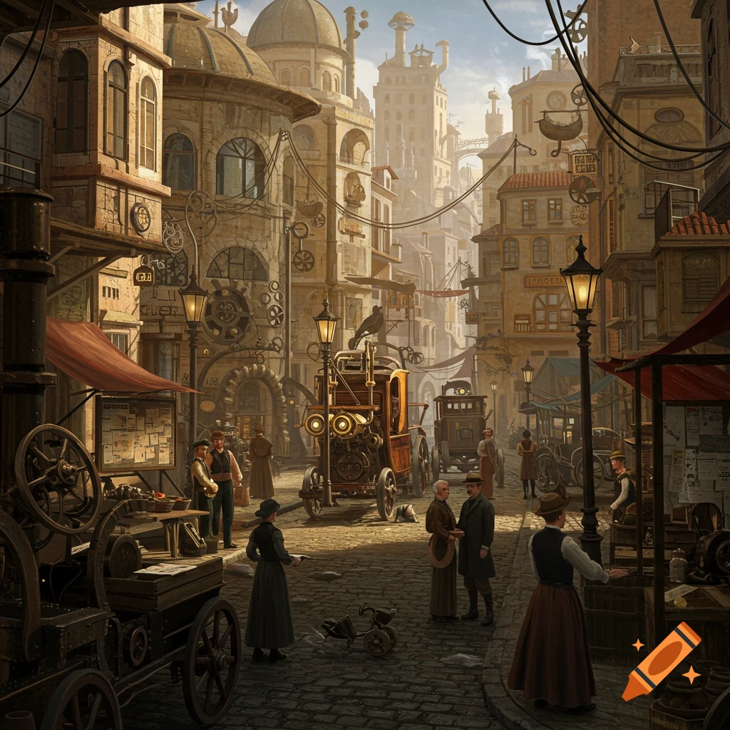 A detailed steampunk city street with tall, ornate buildings featuring gears. People in period clothing walk on cobblestone streets among steam-powered vehicles and market stalls.