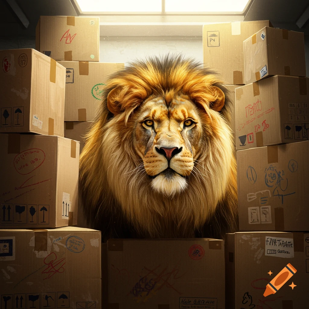A photorealistic lion's head emerges from a pile of cardboard moving boxes, looking directly at the viewer.