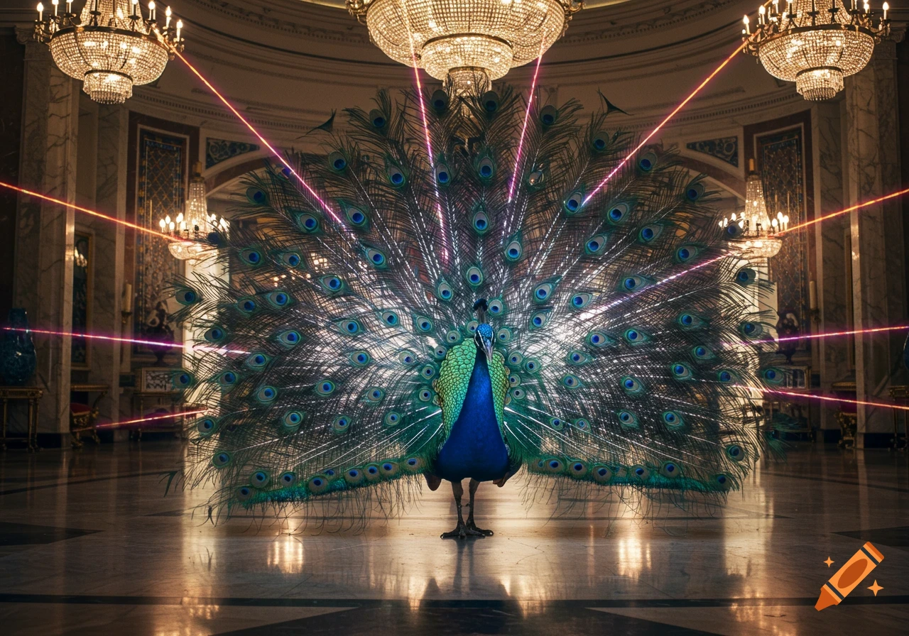 A majestic peacock with fanned tail feathers emitting purple and orange laser beams, stands in a grand, ornate hall with chandeliers.