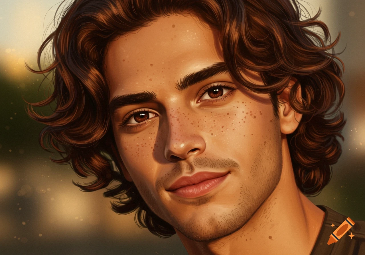 Close-up digital painting of a man with wavy chestnut hair, dark eyes, and freckles, soft expression.