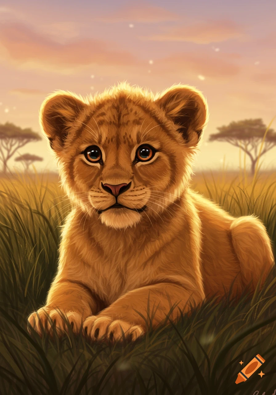 An adorable baby lion cub lies in tall green grass at sunset in the savanna, with acacia trees in the background, in an illustrative style.