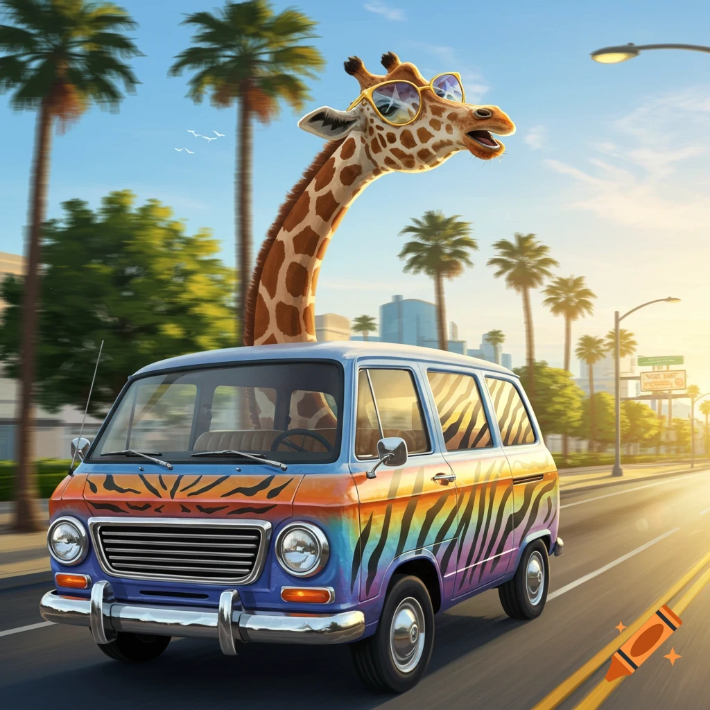 A cheerful giraffe in sunglasses with its head sticking out of a colorful, rainbow-striped hippie van drives down a sunny road lined with palm trees.