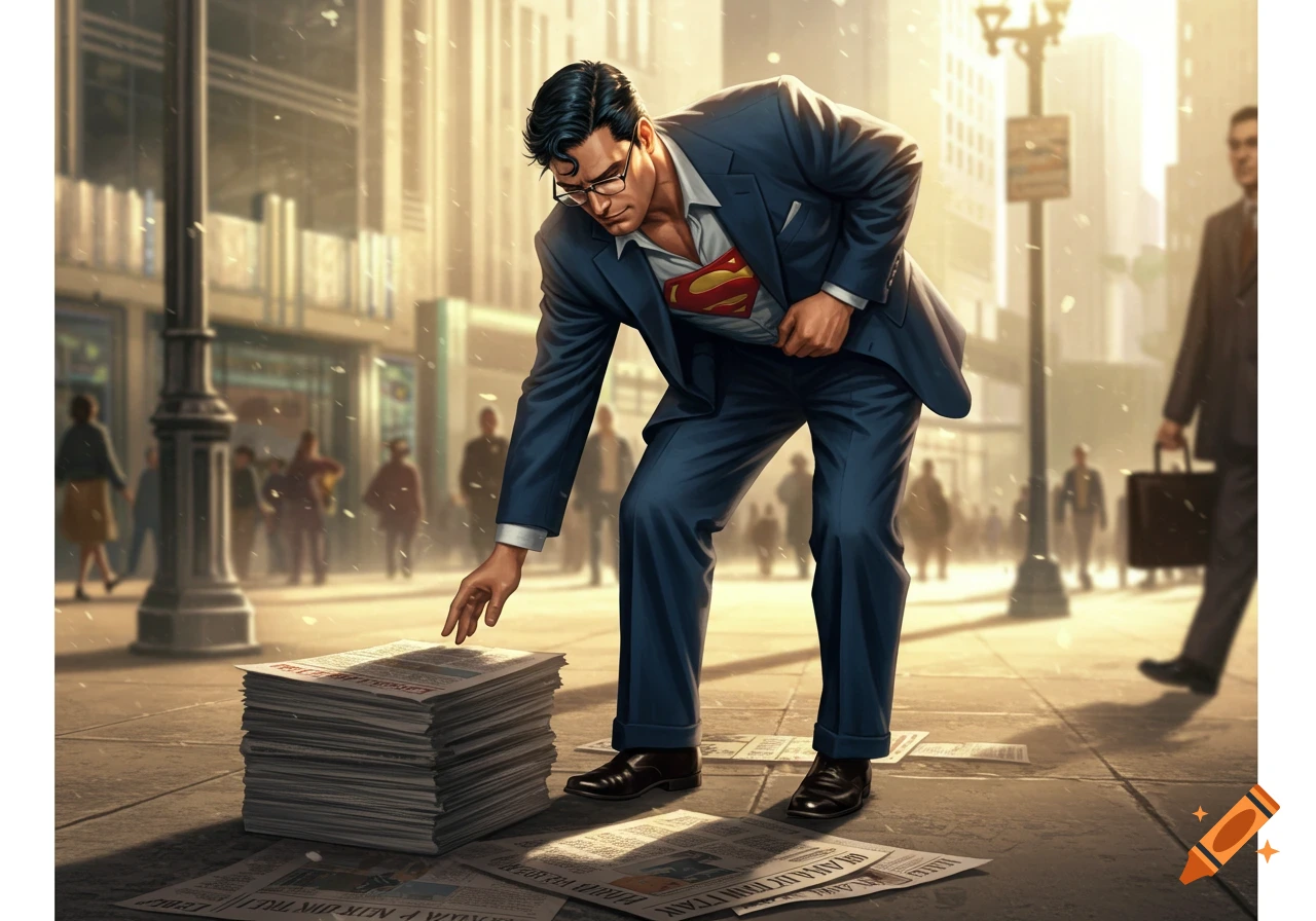 Clark Kent, wearing glasses and a business suit with his Superman symbol showing, bends over to pick up newspapers on a city street.