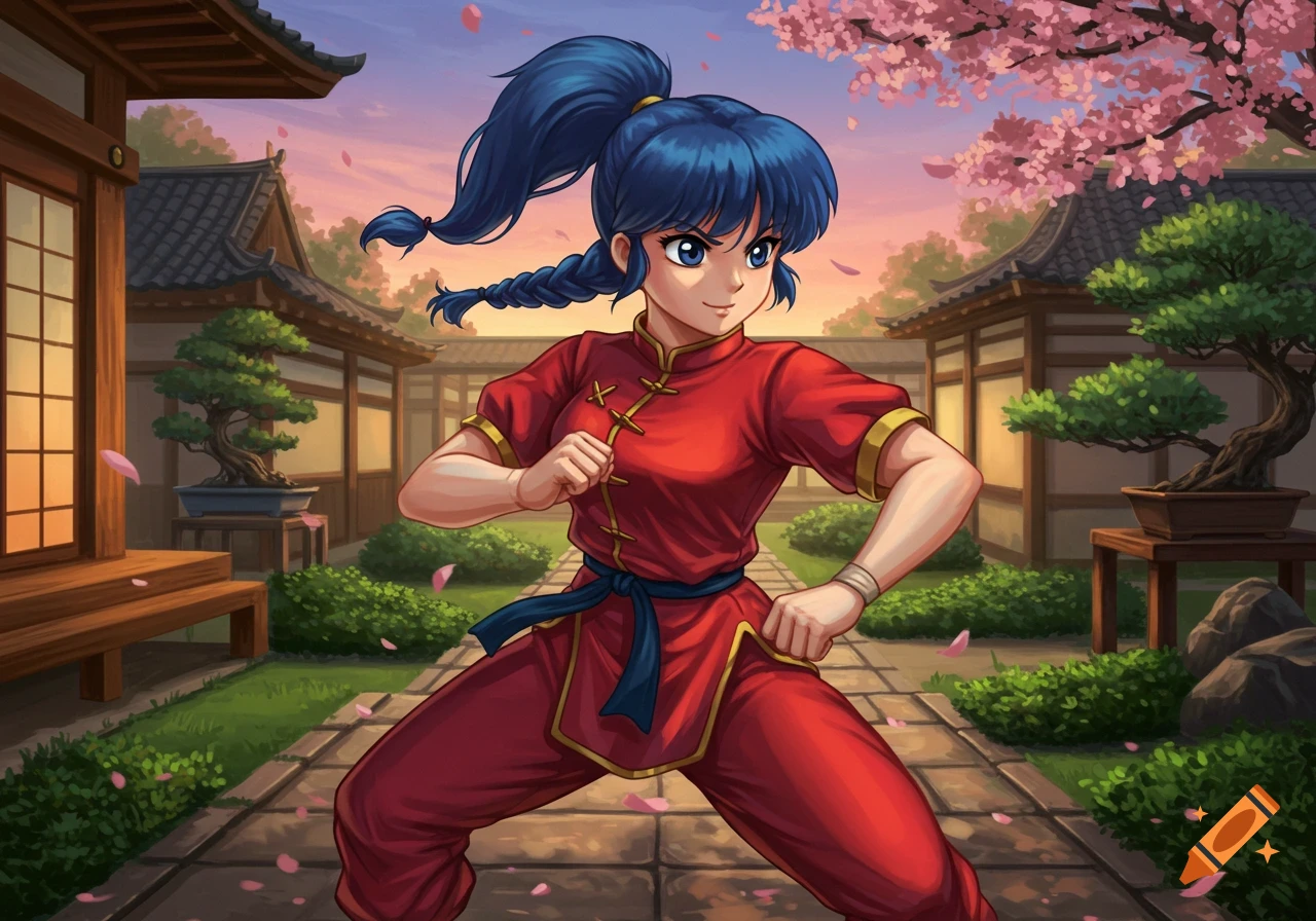 Anime girl in a red martial arts uniform with a blue ponytail in a fighting stance in a Japanese courtyard with cherry blossoms.