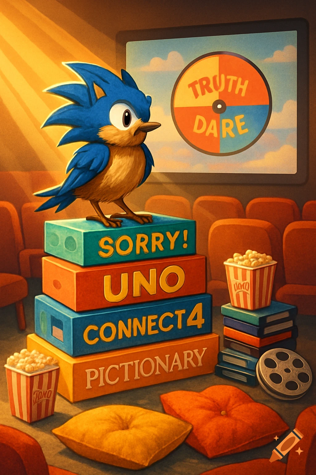 A cartoon blue bird with Sonic-like spikes stands on board game boxes in a movie theater with a Truth or Dare screen.