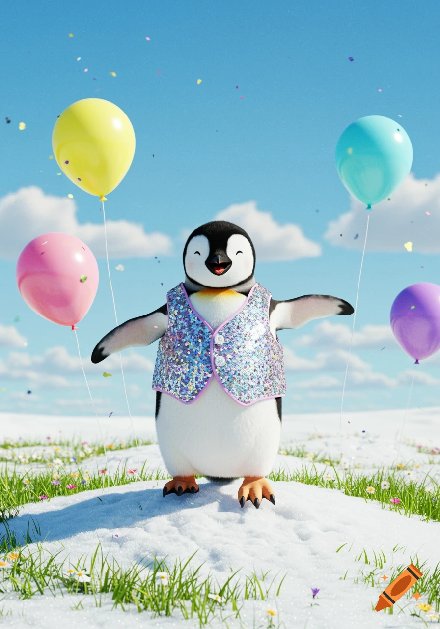 A happy penguin wearing a sparkly vest stands on a snowy hill with balloons and confetti under a blue sky.
