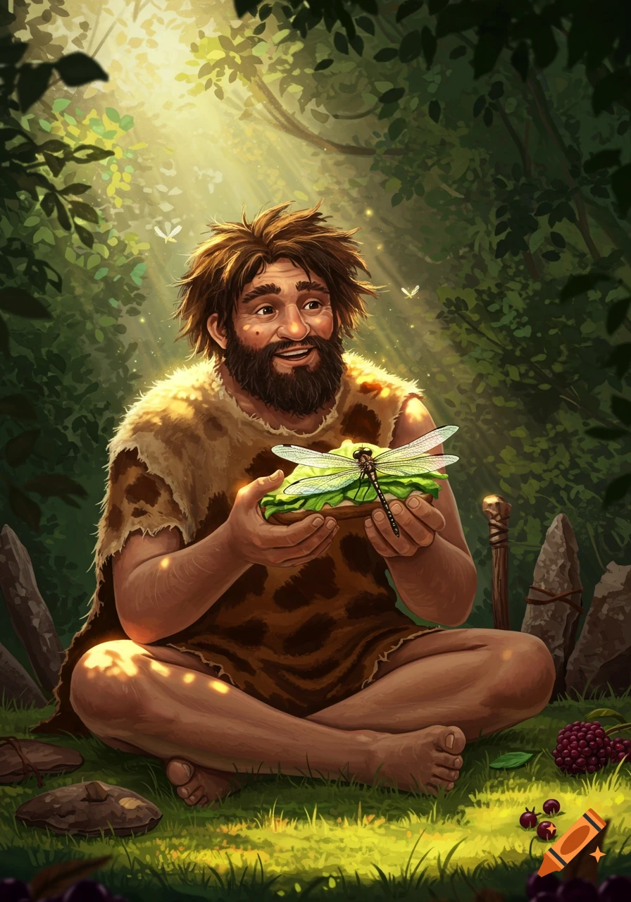 A smiling caveman sits in a sunlit forest, holding a sandwich with a large dragonfly on top.