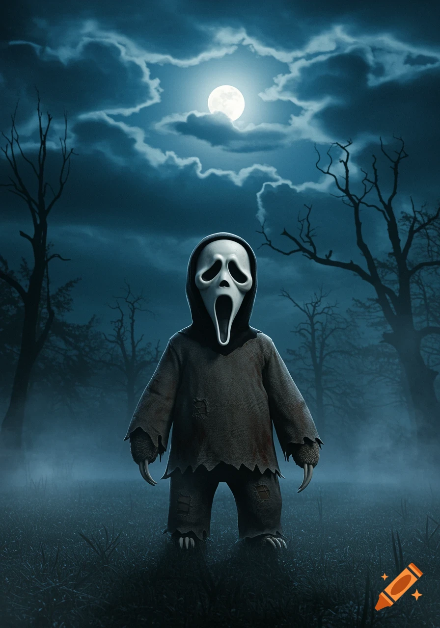 A Ghostface-like figure with long claws stands in a foggy, moonlit forest.