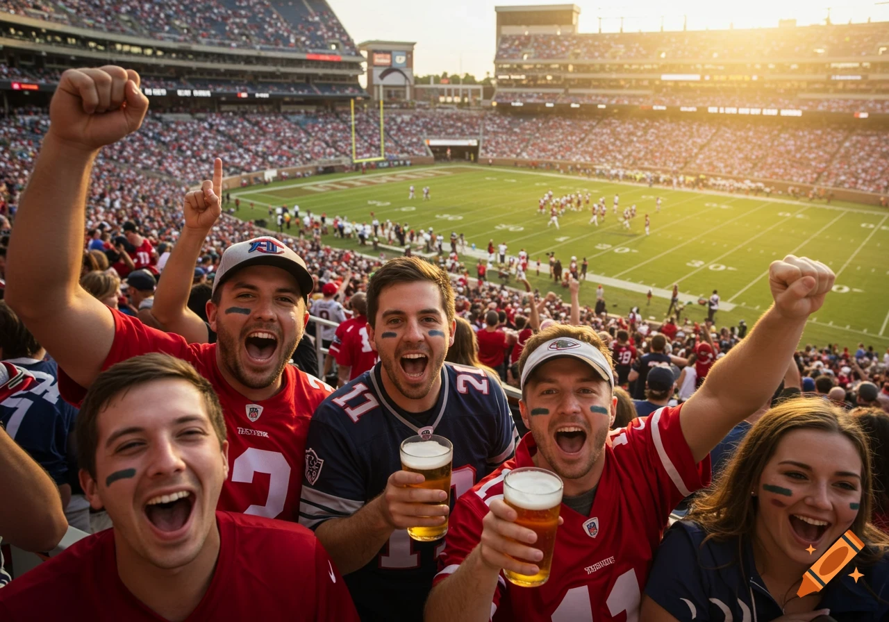 Photorealistic image of excited football fans cheering and holding beers in a stadium during a game.