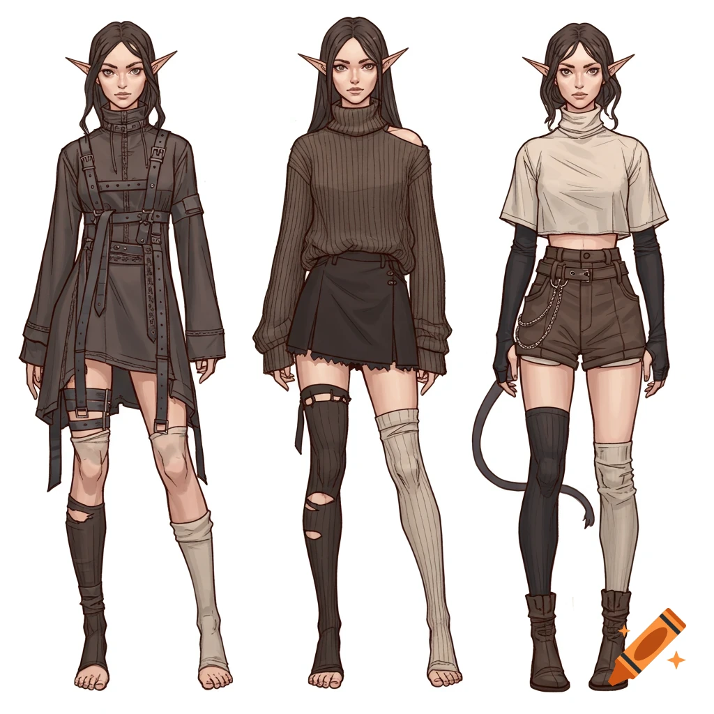 Three female elf characters in various casual, punk-inspired outfits, including strapped tunics, sweaters, shorts, and ripped stockings.