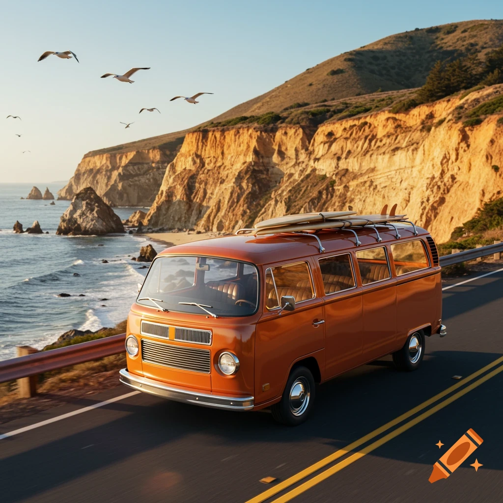 An orange vintage van with surfboards on its roof drives along a coastal road next to cliffs and the ocean under a clear sky.