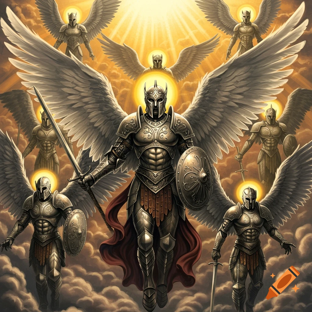 Armored angels with large wings, swords, and shields float among clouds under a bright sunlit sky.