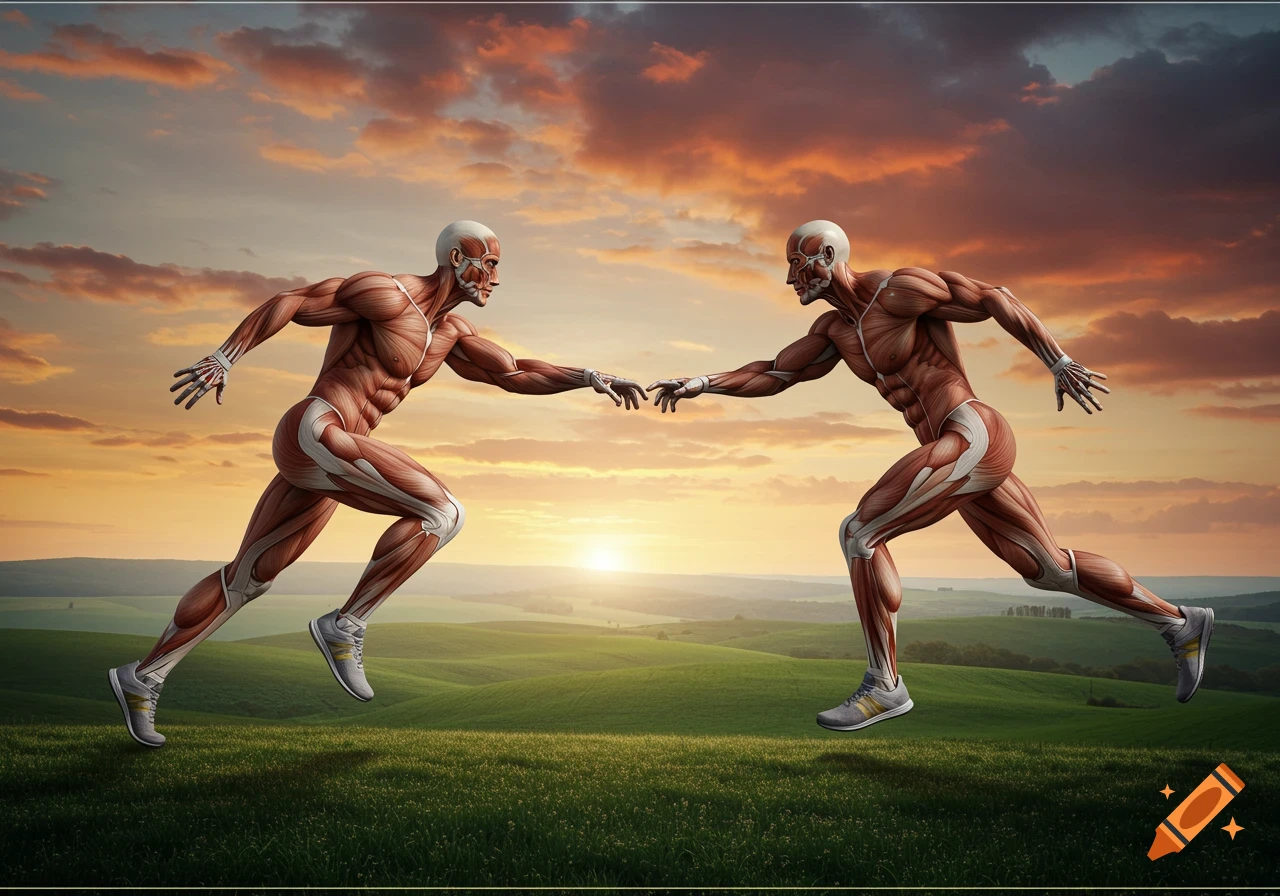 Two muscular anatomical models of runners reaching out to touch fingers over a green, rolling landscape at sunset.