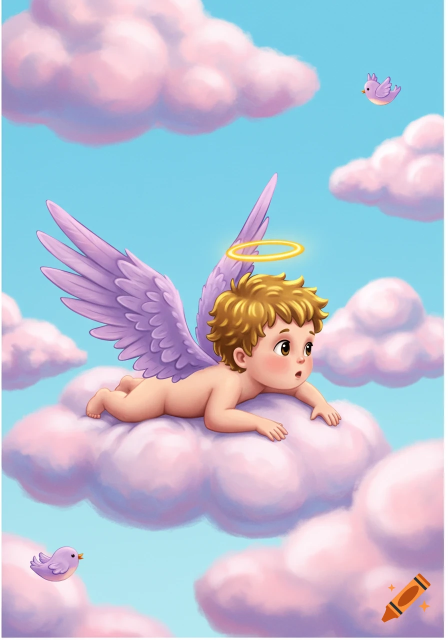 Cartoon baby angel with purple wings and halo lying on a pink cloud, with purple birds in a blue sky.