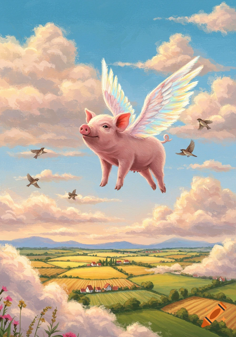 A whimsical pink pig with rainbow wings flies through a blue sky with clouds over a green and yellow countryside, accompanied by birds.