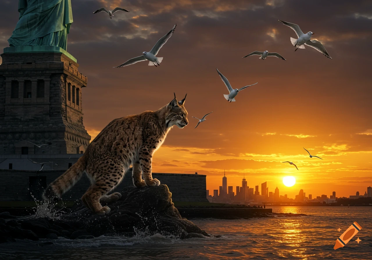 A lynx stands on a rock in front of the Statue of Liberty and New York City skyline at sunset, with seagulls flying.