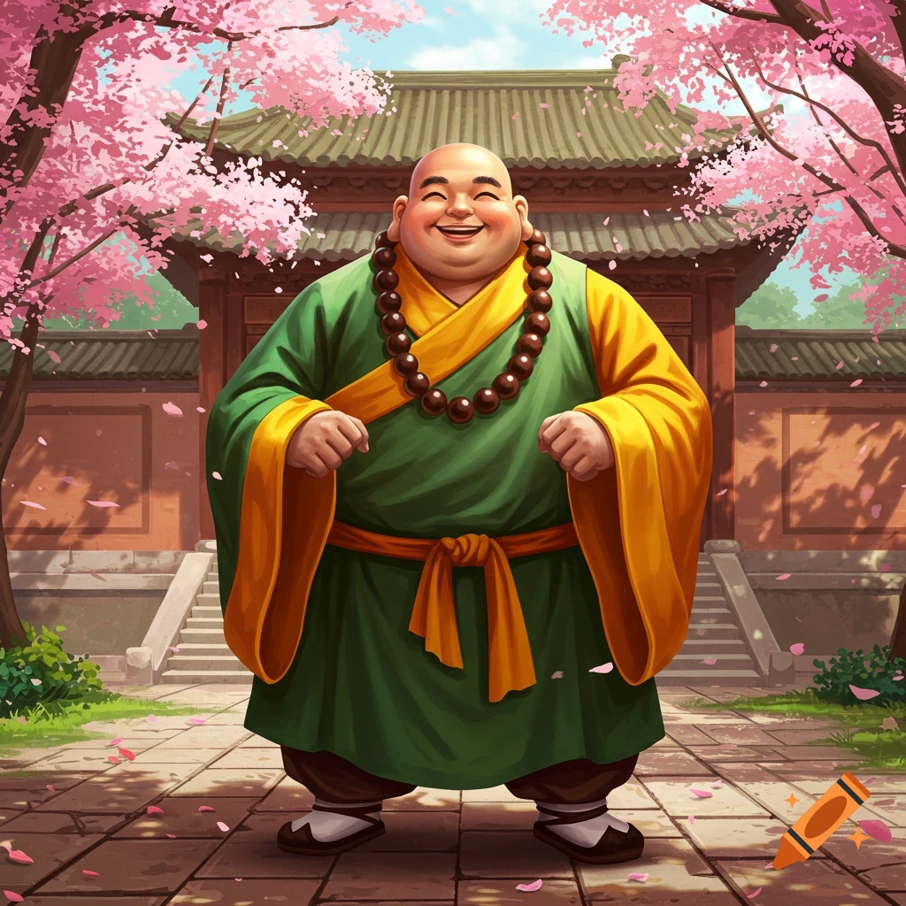 A smiling, rotund monk in green and yellow robes with prayer beads stands in front of a temple surrounded by pink cherry blossoms, illustration.