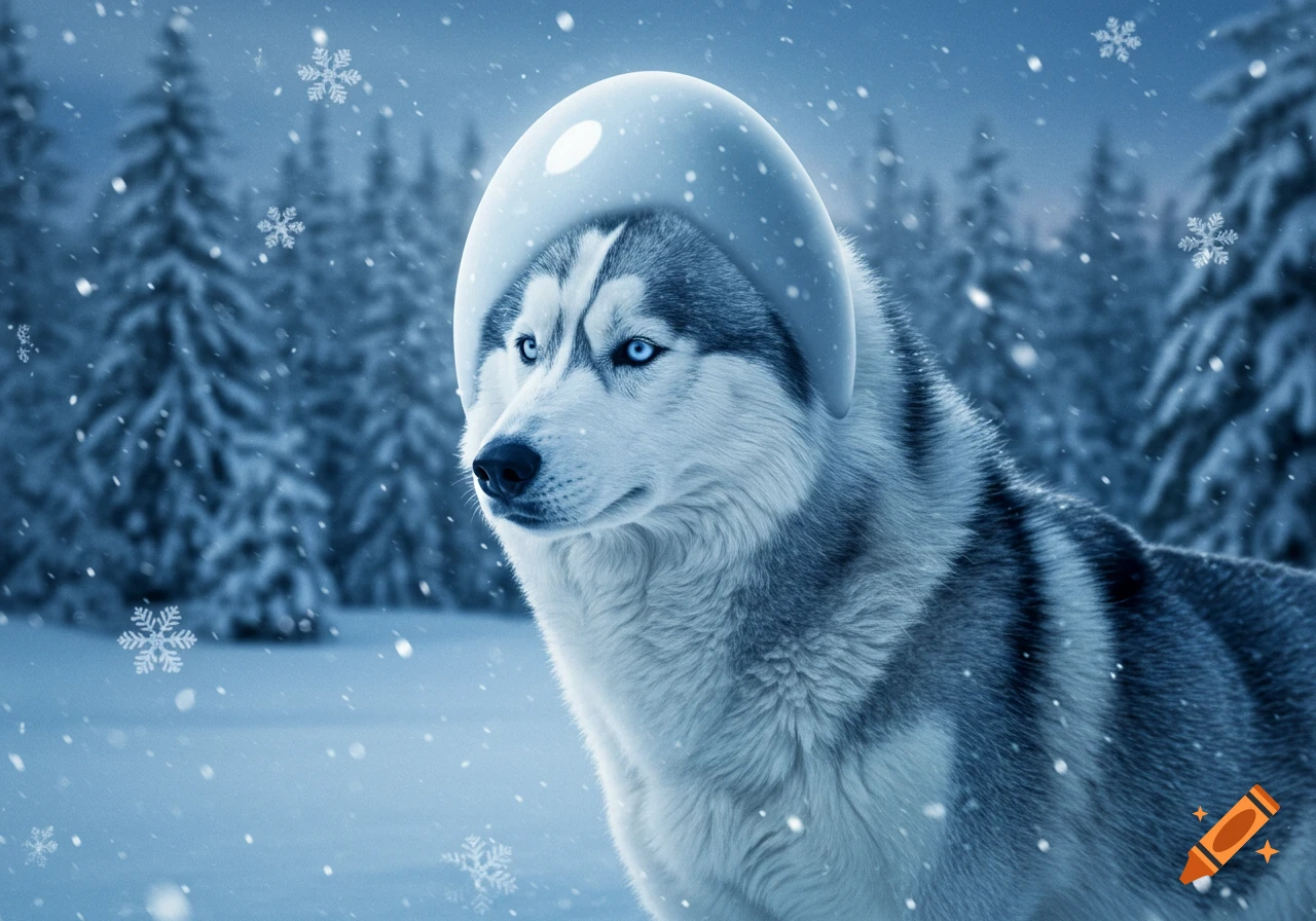 A husky wearing an egg-shaped helmet stands in a snowy forest with falling snowflakes.