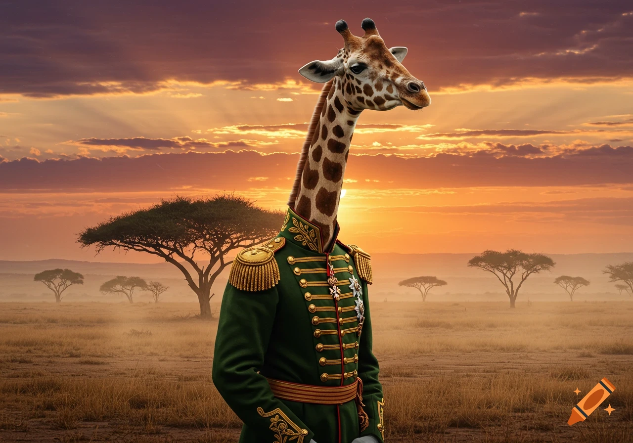 Photorealistic image of a giraffe wearing a decorated military uniform, standing in a savanna at sunset.