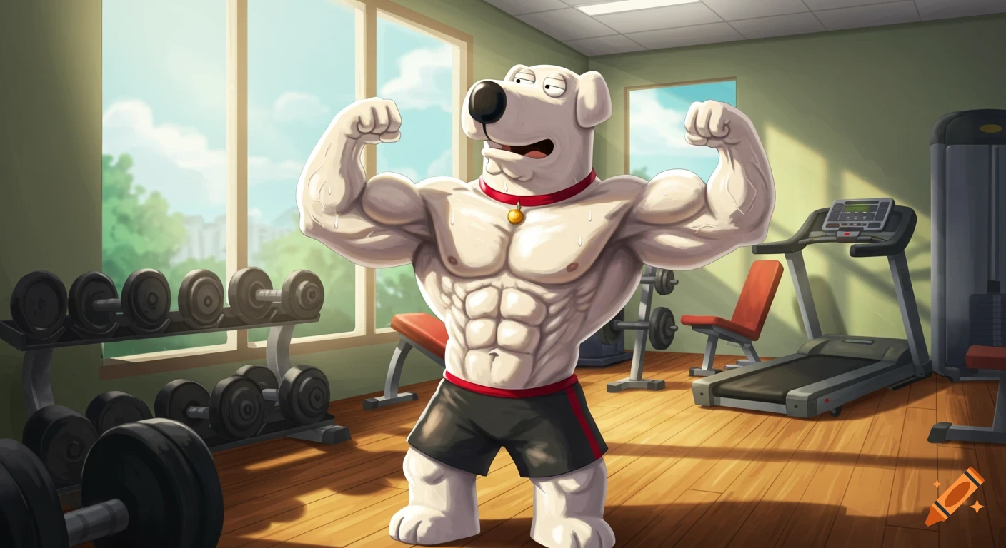 Brian Griffin, a muscular white dog, flexing his biceps and abs in a bright gym with dumbbells and a treadmill.