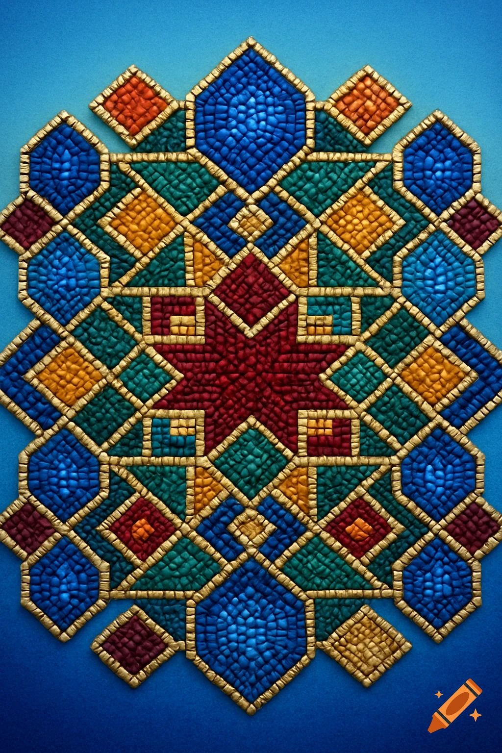 A vibrant geometric pattern resembling a bead weaving or mosaic, featuring interlocking shapes in blue, green, red, orange, and yellow with gold outlines, on a blue background.